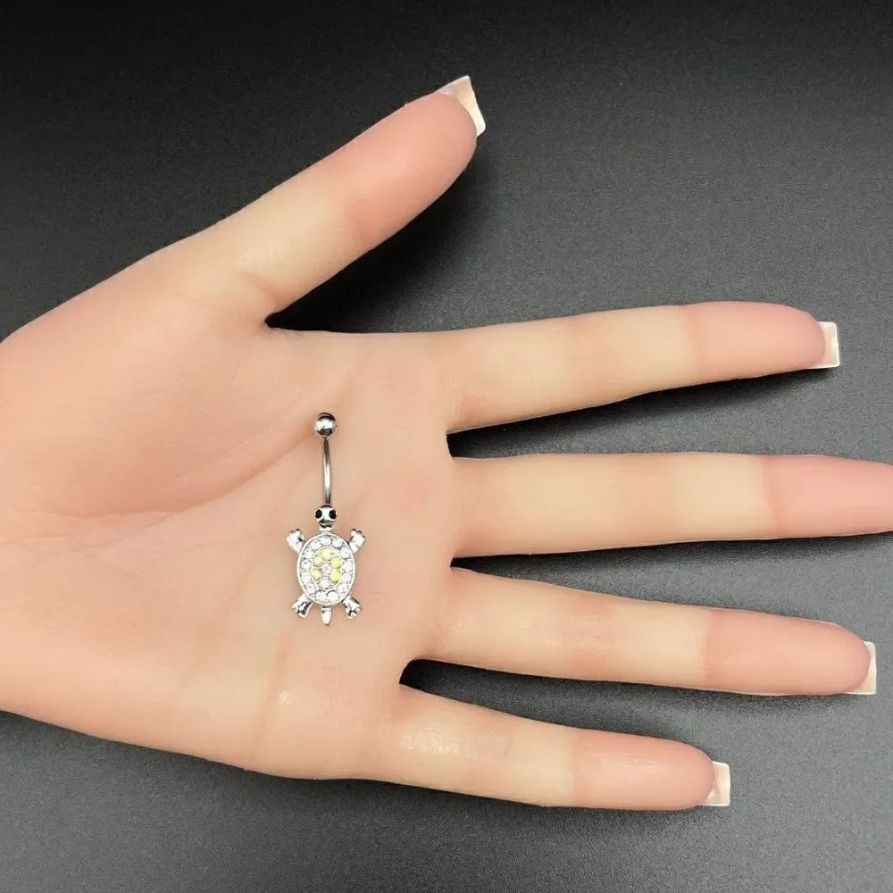 316L Stainless Steel with AB and Diamond Cubic Zirconia Sea Turtle Belly Ring